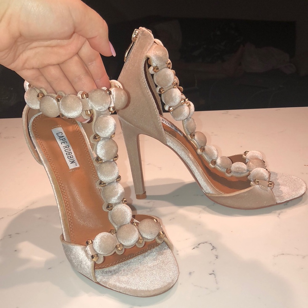 T strap sandal heels
